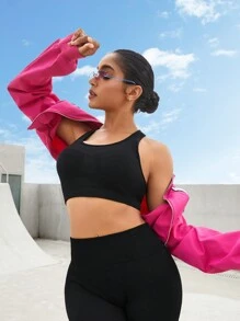 Easithlete Solid Color Round Neck Cut Out Sports Bra With Workwear Style Backless Sports Brayoga Suitblack Sports Brahigh Support Sports Bra - Black - View 2