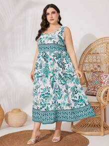 Mulvari Ensemble de 2 pièces: Chemise femme grande taille à ourlet asymétrique et robe longue sans manches à imprimé floral