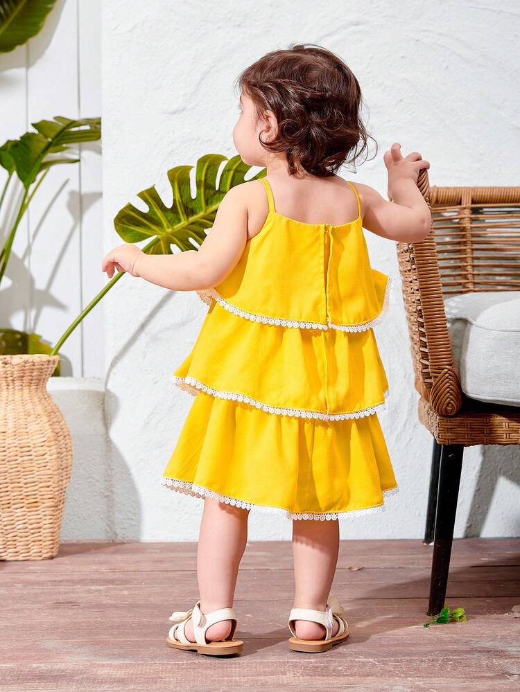 Baby Girl Cute Vacation Style Ruffle Trim Floral Pattern Spaghetti Strap Dress