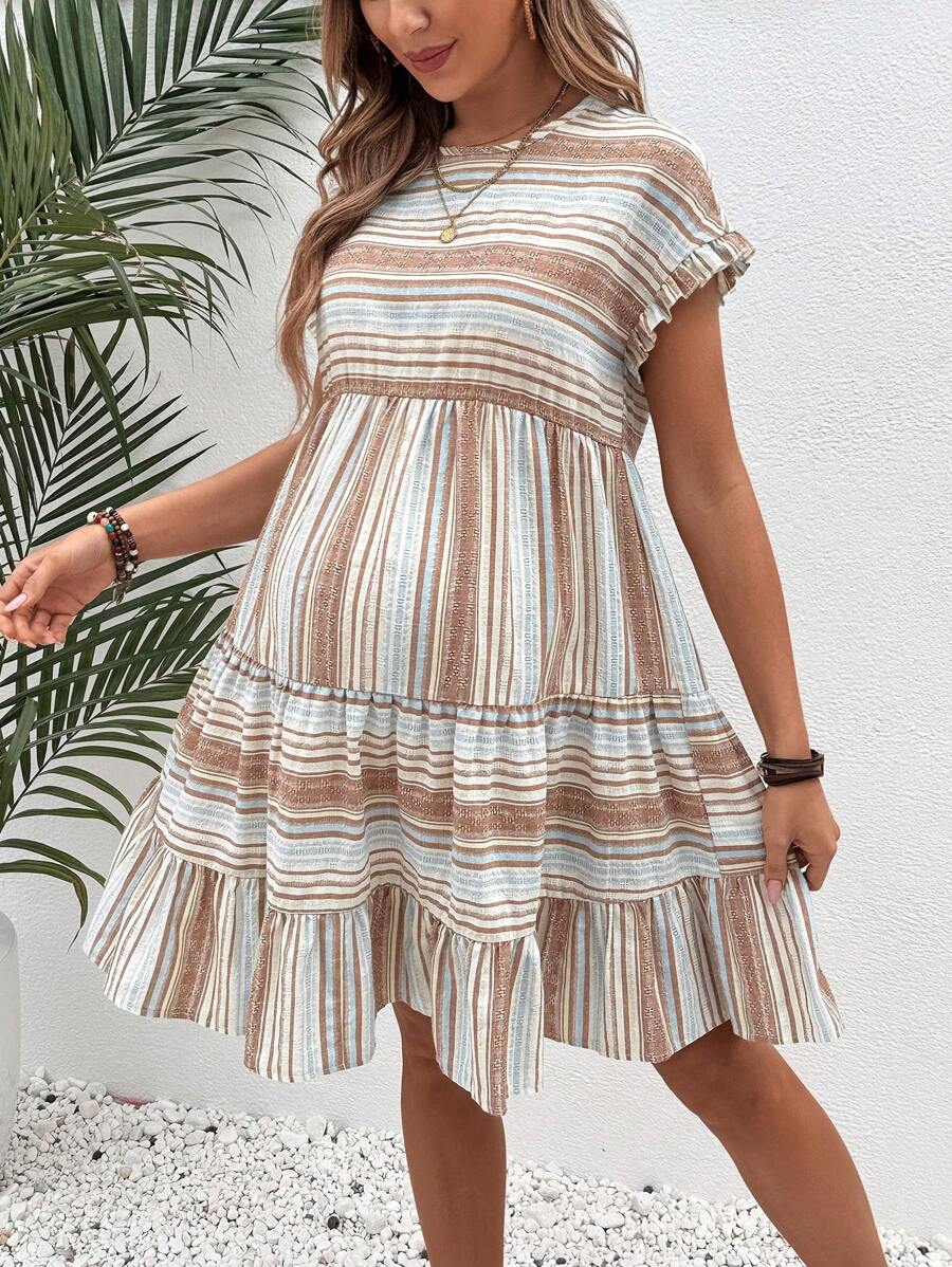 SHEIN Maternity Striped Round Neck Batwing Short Sleeve Dress With Ruffled Hem - Multicolor - View 1