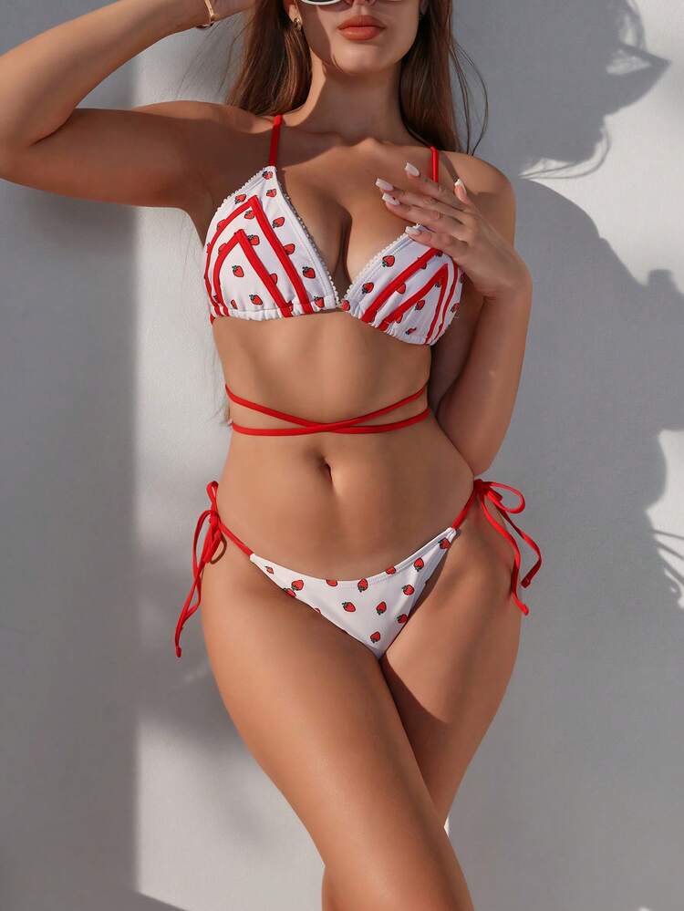 Women's Strawberry Printed Bikini Set With Straps Summer