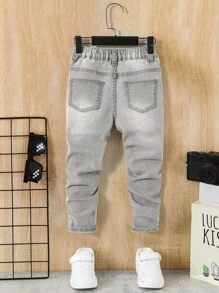 SHEIN Young Boy Ripped Frayed Washed Grey Denim Jeans ,For Spring And Summer Young Boy Outfits