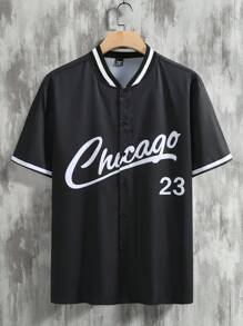 Manfinity Campus Court Áo sơ mi nam tay ngắn cài nút có in chữ, làm quà tặng cho bạn trai, áo sơ mi trở lại trường - màu đen - Xem 3