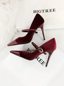 Fall/Winter 2025 Party High Heels Thin Heels Low Vamp Pointed Suede & Metallic Buckle Detail Single Strap Women's Shoes, Elegant, Women Pumps,Elegant