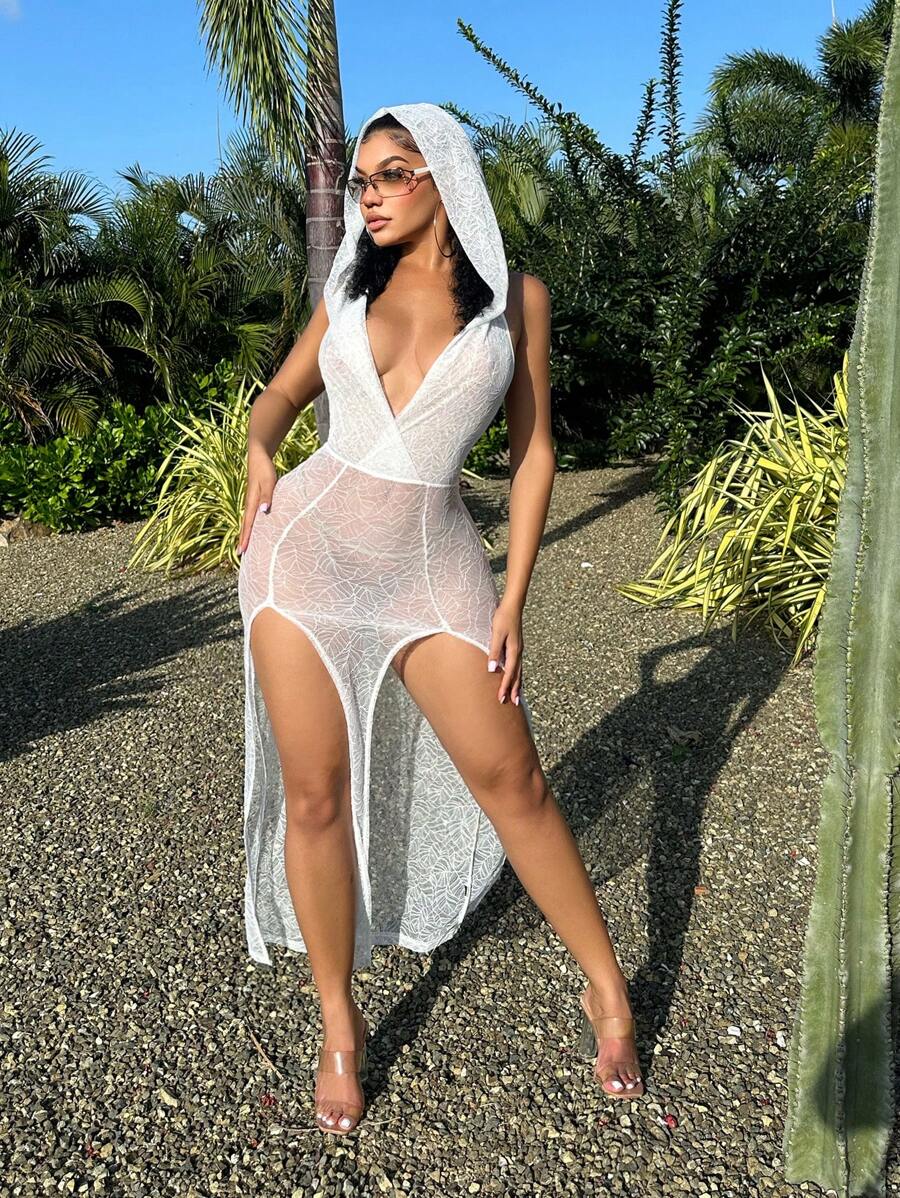SHEIN SXY Concert Outfits Lace Temptation Transparent High Slit Backless Hooded Sexy Dress - White - View 1