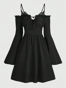 ROMWE Fairycore Solid Frill Trim Tie Front Dress - Black - View 1