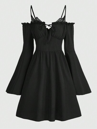 Fairycore Solid Frill Trim Tie Front Dress