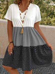 EMERY ROSE Plus Striped & Polka Dot Print Batwing Sleeve Ruffle Hem Smock Dress - Multicolor - View 4