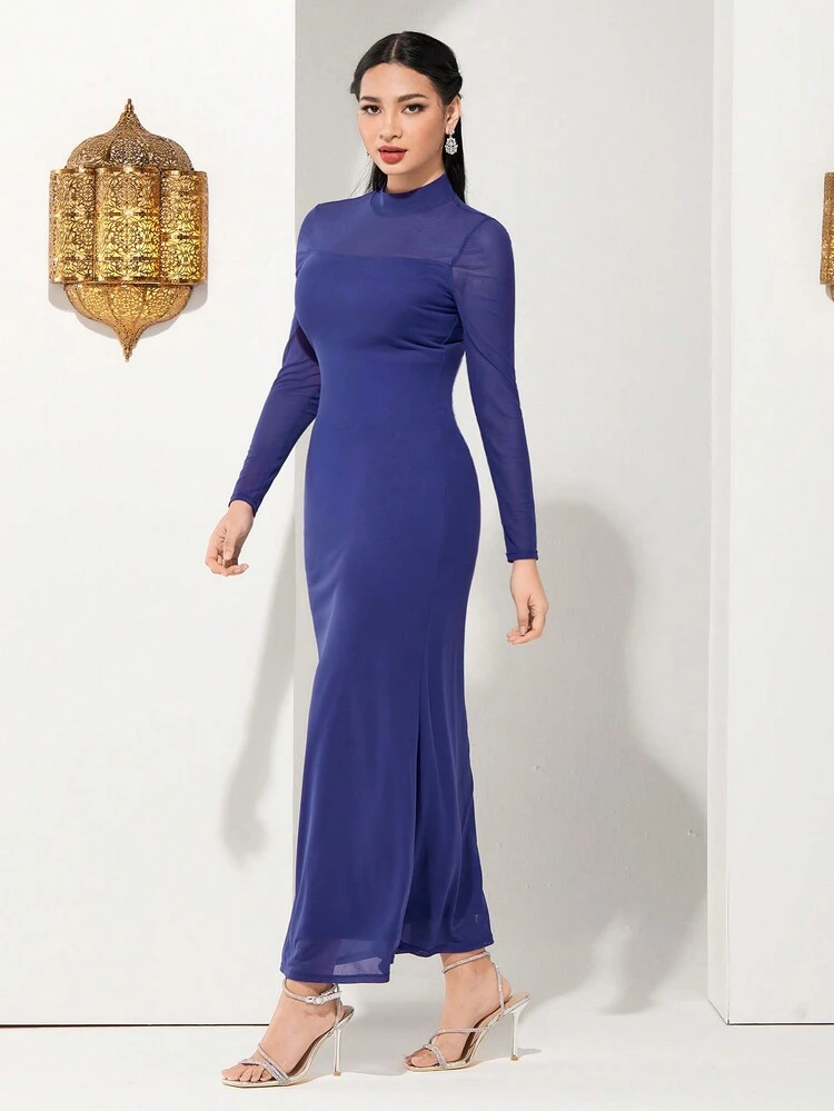 Ladies' Stand Collar Mesh Splice Long Sleeve Dress