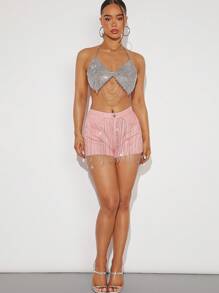 Denimoi Chain Fringe Raw Hem Denim Shorts - Pink - View 5