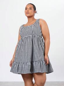 Forever 21 大尺碼格紋方領連衣裙,波浪邊饅頭袖裙擺 - 彩色 - 查看 3