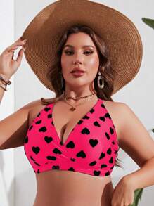 Swim Lushoire 夏季沙滩加大码全印花心形图案交叉露背比基尼上衣，海滩度假风 - 玫紅色 - 查看 3