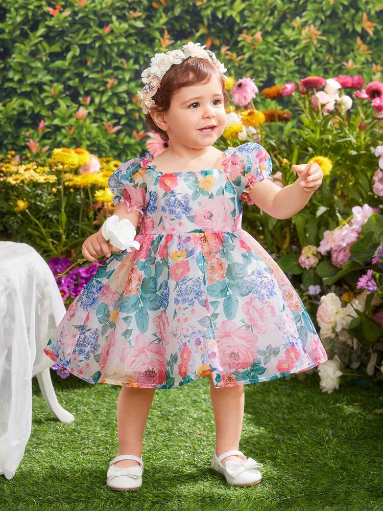 Baby Girl Elegant Floral Pattern Organza Short Sleeve Square Neck Vacation Dress