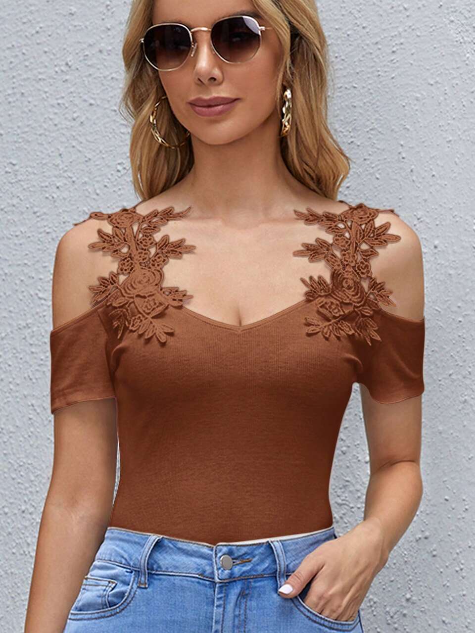 Women Summer Lace Flower Patchwork Off-Shoulder Short Sleeve Elegant T-Shirt Cold Shoulder Top