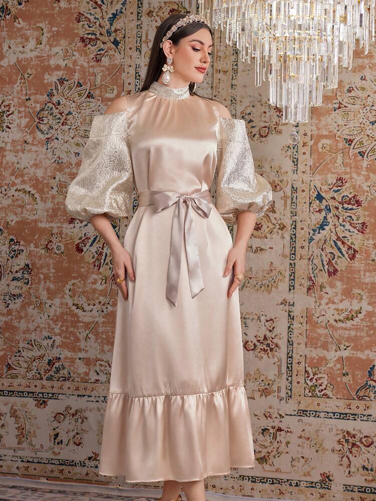 Women's Open Shoulder Dress With Ruffle Hem And Stand Collar,Elegant Evening Party Dress Long Evening Dresses