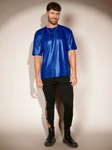 GENTILAND Men's Crocodile Textured Stretch Knit T-Shirt - Royal Blue - View 4