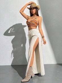 SHEIN PETITE Của phụ nữ Eo cao Khe Mặt trước Quần ống rộng Với thắt lưng - Màu Khaki - Xem 4