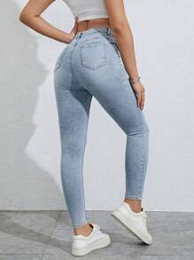 SHEIN Essnce 破洞紧身牛仔裤 - 淺色水洗藍 - 查看 2
