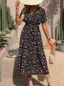 SHEIN VCAY 女士短袖花卉印花分裂擺連衣裙 - 彩色 - 查看 5