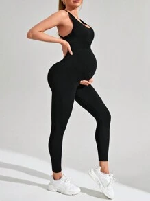 SHEIN Maternity Seamless Jumpsuit With Backless Shoulder Straps That Supports Belly, Great For Sport Or Daily Use - Black - View 6