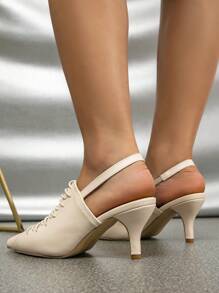 女士高跟尖头系带露跟穆勒鞋，镂空绑带闭趾套脚高跟鞋，百搭优雅，猫跟，适合派对、夏季穿搭 - 杏色 - 查看 3
