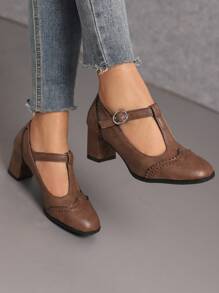 Zapatos De Tacón Cuadrado De Pu, Estilo Vintage Mary Jane En Marrón, Para Primavera Y Otoño De Mujeres - Óxido marrón - Ver 4