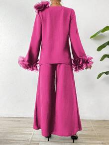 Chiquease 2pcs/Set Top And Wide Leg Pants With 3d Floral Decoration