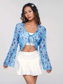 SHEIN Qutie Butterfly & Lace Patchwork Semi-Sheer Sweet & Cool Strap Top For Women