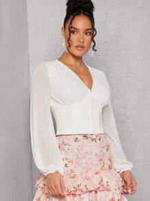 SHEIN Unity Lantern Sleeve Hook & Eye Corset Top - White - View 3