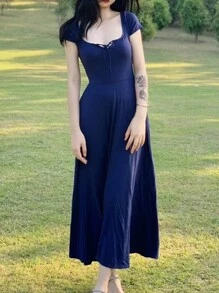 INAWLY Solva Square Neck Tie Waist A-Line Dress - Blue - View 4