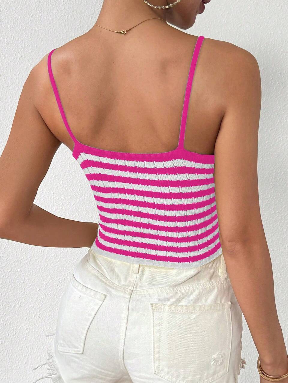 Women's Striped Knit Camisole With Twisted Front & Hollow Out Details