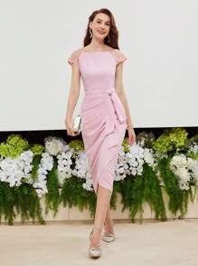 MOTF PREMIUM CONTRAST BEADED RAGLAN SLEEVE BOW WAIST WRAP HEM DRESS,HOLIDAY PARTY BIRTHDAY FORMAL EVENING OCCASSION - Pink - View 8