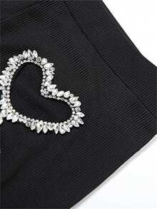 2pcs/Set Women's Solid Color Streetwear Fitted Crew Neck Long Sleeve Heart Rhinestone Hollow Out Fitted Pants Set - Black - View 5