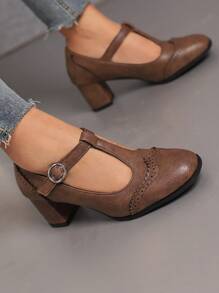 Zapatos De Tacón Cuadrado De Pu, Estilo Vintage Mary Jane En Marrón, Para Primavera Y Otoño De Mujeres - Óxido marrón - Ver 2
