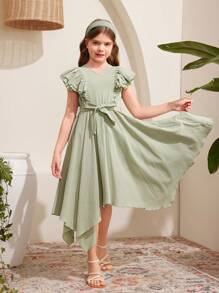 SHEIN Tween Girls' Casual And Daily Wear Spring/Summer Solid Color Woven V-Neck Long Dress With Ruffle Hem