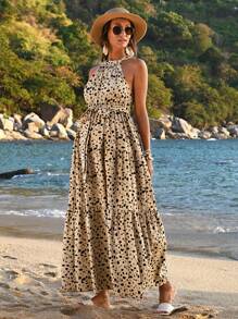 SHEIN Maternity Allover Print Halter Neck Dress With Ruffled Hem - Khaki - View 4