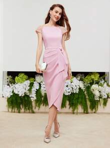 MOTF PREMIUM CONTRAST BEADED RAGLAN SLEEVE BOW WAIST WRAP HEM DRESS,HOLIDAY PARTY BIRTHDAY FORMAL EVENING OCCASSION - Pink - View 2