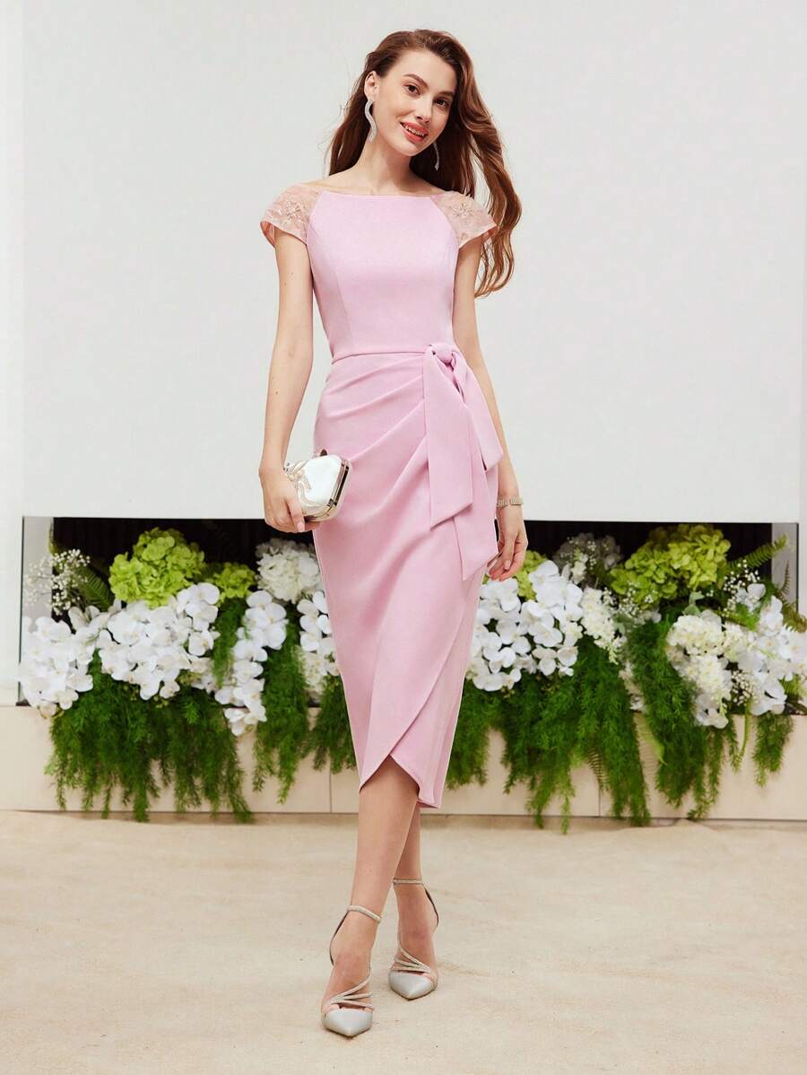 MOTF PREMIUM CONTRAST BEADED RAGLAN SLEEVE BOW WAIST WRAP HEM DRESS,HOLIDAY PARTY BIRTHDAY FORMAL EVENING OCCASSION