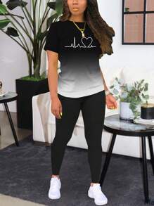 Women's Heart Print Short Sleeve T-Shirt And Leggings Sports Set