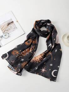 Inked in Red Women's Sun And Moon Print Silk Scarf - Multicolor - View 4