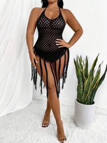Allurite Plus Size Knitted Halter Neckline Mini Dress With Hollow Out Design, Fringed Hemline And Backless Detail - Black - View 3
