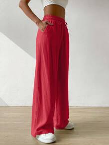 SHEIN EZwear Women's Summer Solid Color Beige High Waist Drawstring Waist Linen Wide Leg Pants - Red - View 7