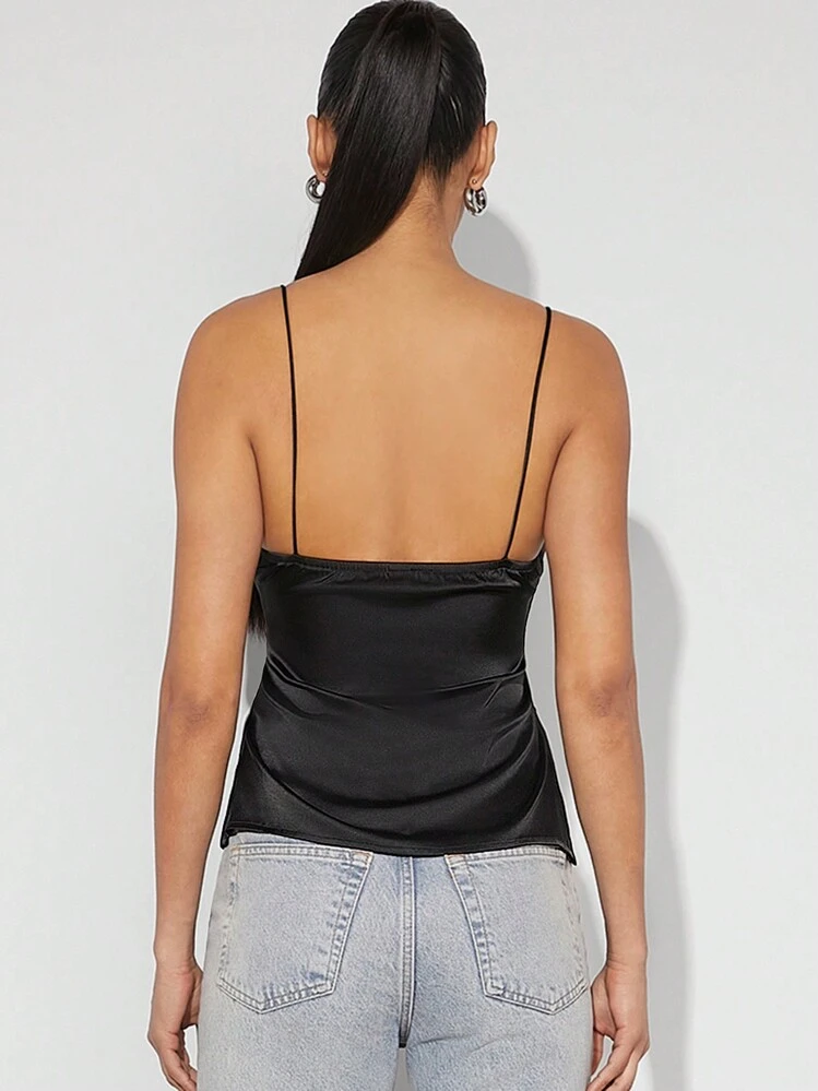 Denimoi Regata Assimétrica de Cetim com Amarração Frontal Preta para Mulheres, Top Sexy para Sair, Top com Alças Finas para Festa, Concerto Country, Festival Rave, Roupa de Balada - Preto - Visão 7