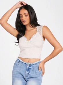 Forever 21 女士網眼透視甜心領蝴蝶結貼身短上衣 - 杏色 - 查看 4