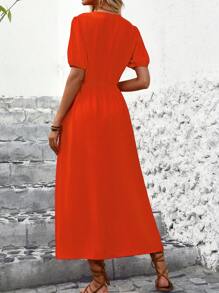 SHEIN Clasi 女士純色前鈕扣開衩擺連衣裙 - 橘色 - 查看 2