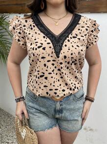 EMERY ROSE Blusa De Talla Grande Con Estampado De Leopardo Y Encaje De Remiendo - Caqui - Ver 3