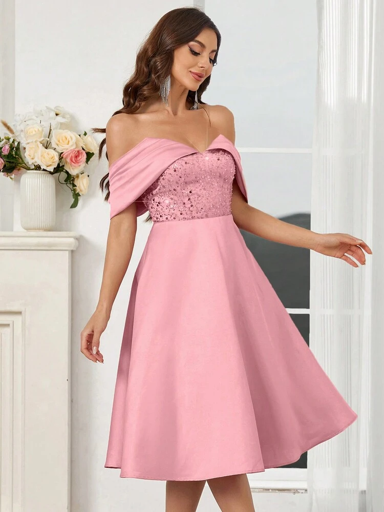 Elegant Pink One-Line Shoulder Multi-Fold Three-Dimensional Fish Bone Modified Body Shape Fine Flash Piece Splicing Woven Satin Off Shoulder Beaded Flared Skater Cocktail Dress
