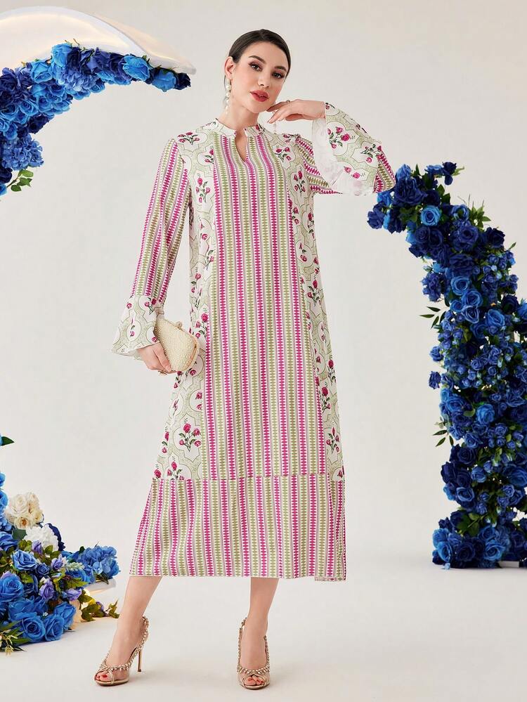 Women's Striped Floral Print Trumpet Sleeve Dress Fall Cloth For Women