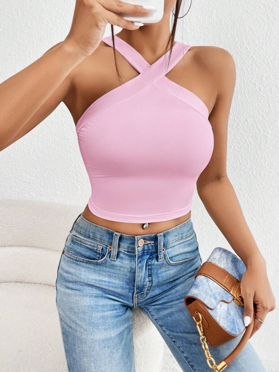 SHEIN BAE Chất rắn Có màu sắc Thon gọn Quần skinny Áo ba lỗ - Hồng - Xem 1