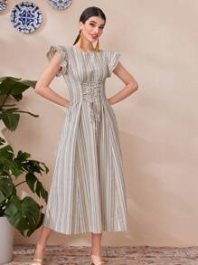 Mulvari 女士條紋十字交叉系腰洋裝 - 彩色 - 查看 5